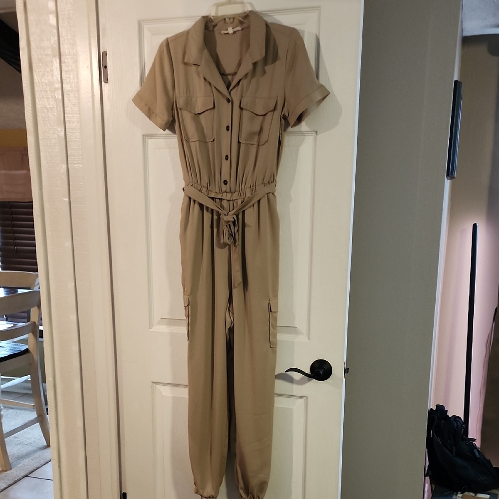 Blush Tan Button-Up Jumpsuit